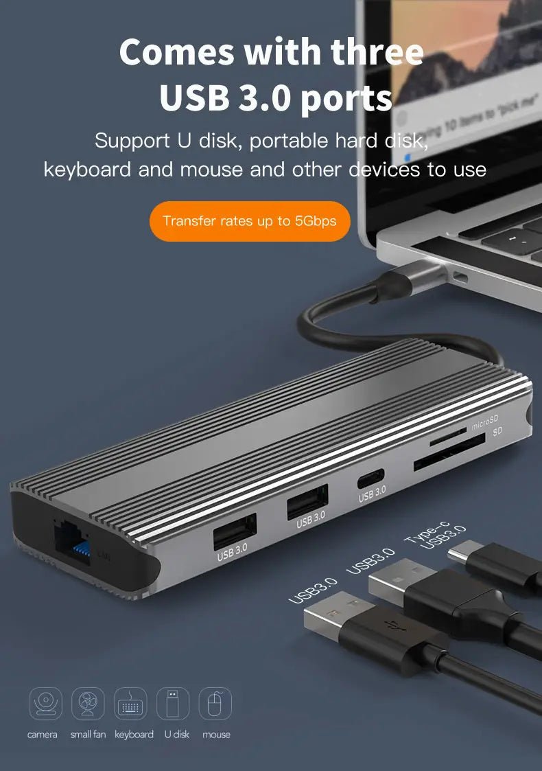 10 - in - 1 USB - C Docking Station with Dual 8K@30Hz HDMI, 5Gbps USB 3.0, 100W PD Charging, Gigabit Ethernet, SD/TF Card Reader, Audio, Compatible with Windows/macOS/Linux - QGeeM