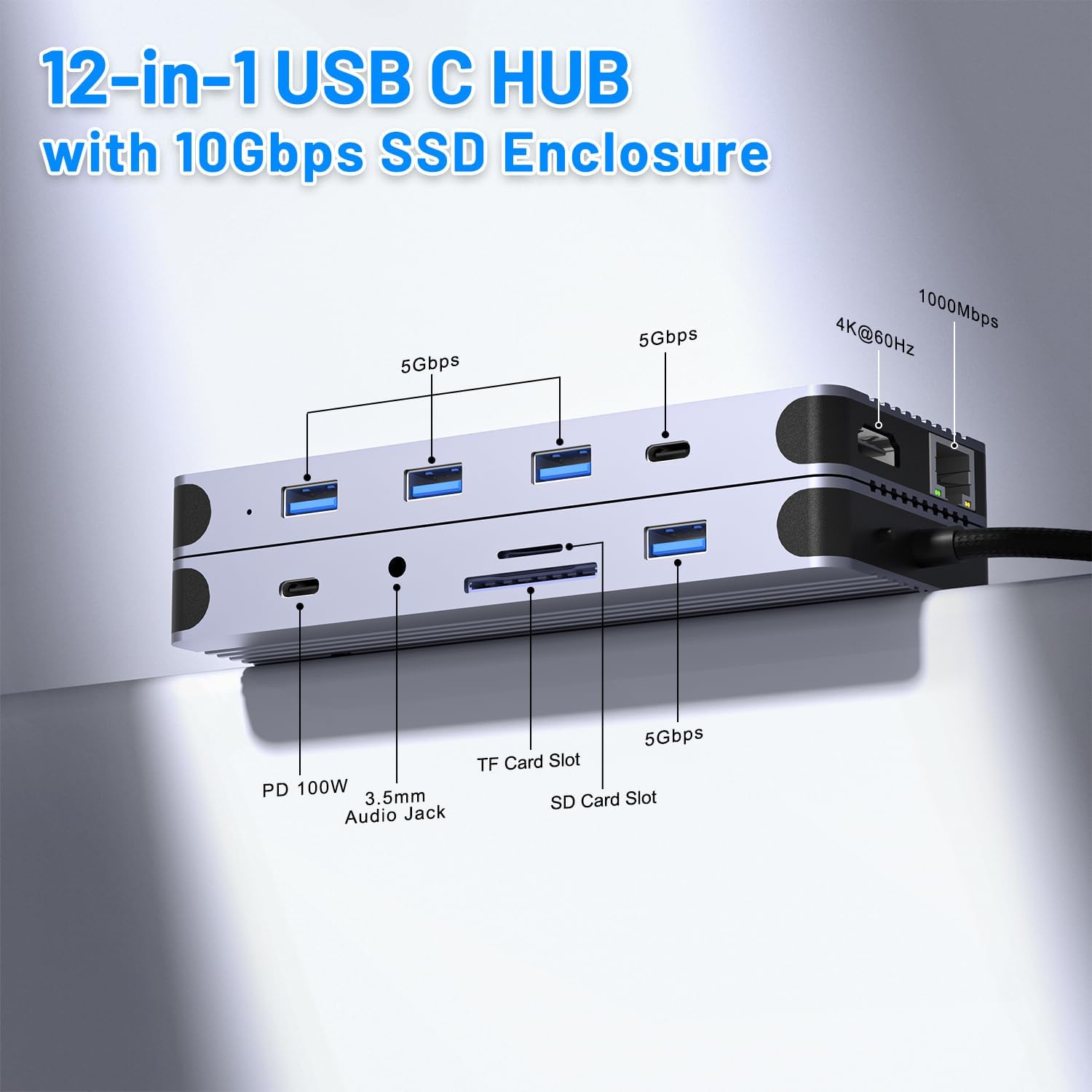 12 in 1 USB - C Hub with M.2 NVMe/SATA SSD Enclosure, Fits PCIe 3.0 NVMe M.2 SSD, 2.5 - inch SATA HDD w 4K/60Hz HDMI,5Gbps USB 3.0,10Gbps USB - C,RJ45 Compatible with MacBook Pro,Windows - QGeeM