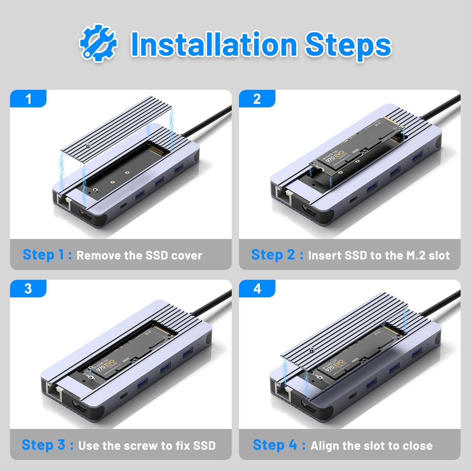 12 in 1 USB - C Hub with M.2 NVMe/SATA SSD Enclosure, Fits PCIe 3.0 NVMe M.2 SSD, 2.5 - inch SATA HDD w 4K/60Hz HDMI,5Gbps USB 3.0,10Gbps USB - C,RJ45 Compatible with MacBook Pro,Windows - QGeeM