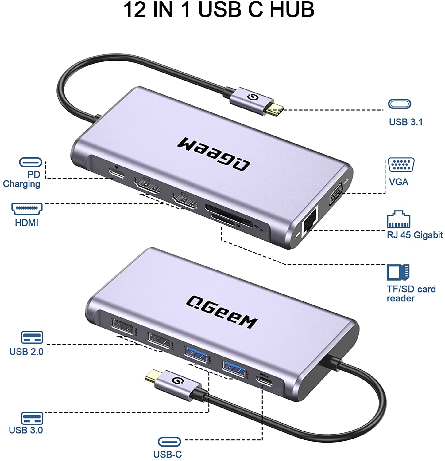 QGeeM USB C Hub for Macbook Pro Multi USB 3.1 Hub Type C 3.0 Hub HDMI PD  Adapter for iPad Pro OTG Splitter Charging USB C Dock