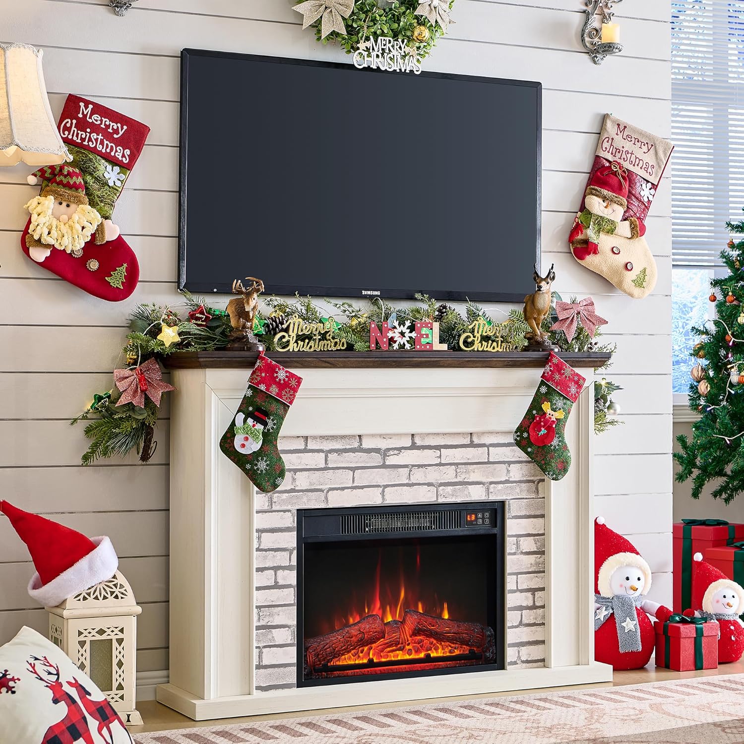 45" Flip Top Electric Fireplace with Mantel, Electric Fireplace Heater, TV Stand with Freestanding Electric Fireplace, Remote Control, Adjustable Flame Level for Living Room - QGeeM