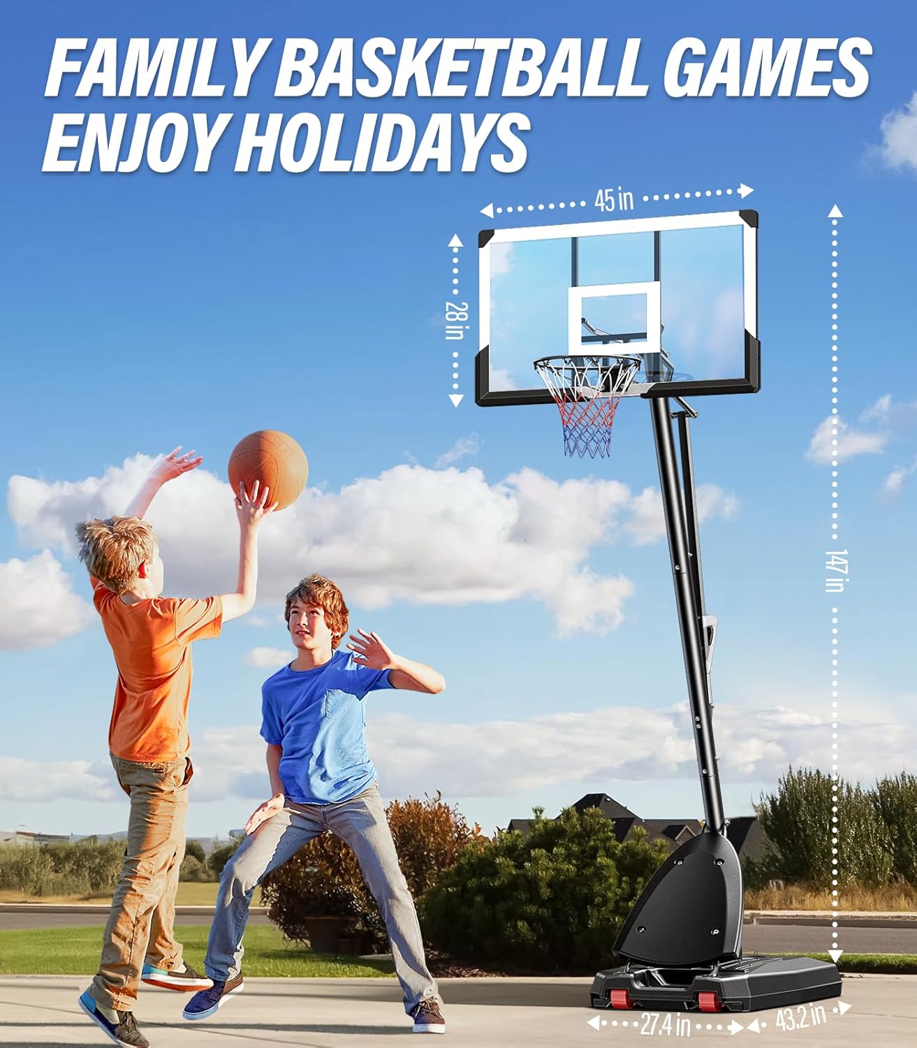 Basketball Hoop Outdoor, 4.9 - 10 ft Adjustable Height, Weather - Resistant Heavy Base and 45 Inch Shatterproof Backboard, Portable Basketball Hoop Goal System for Kids, Teenagers and Adults - QGeeM