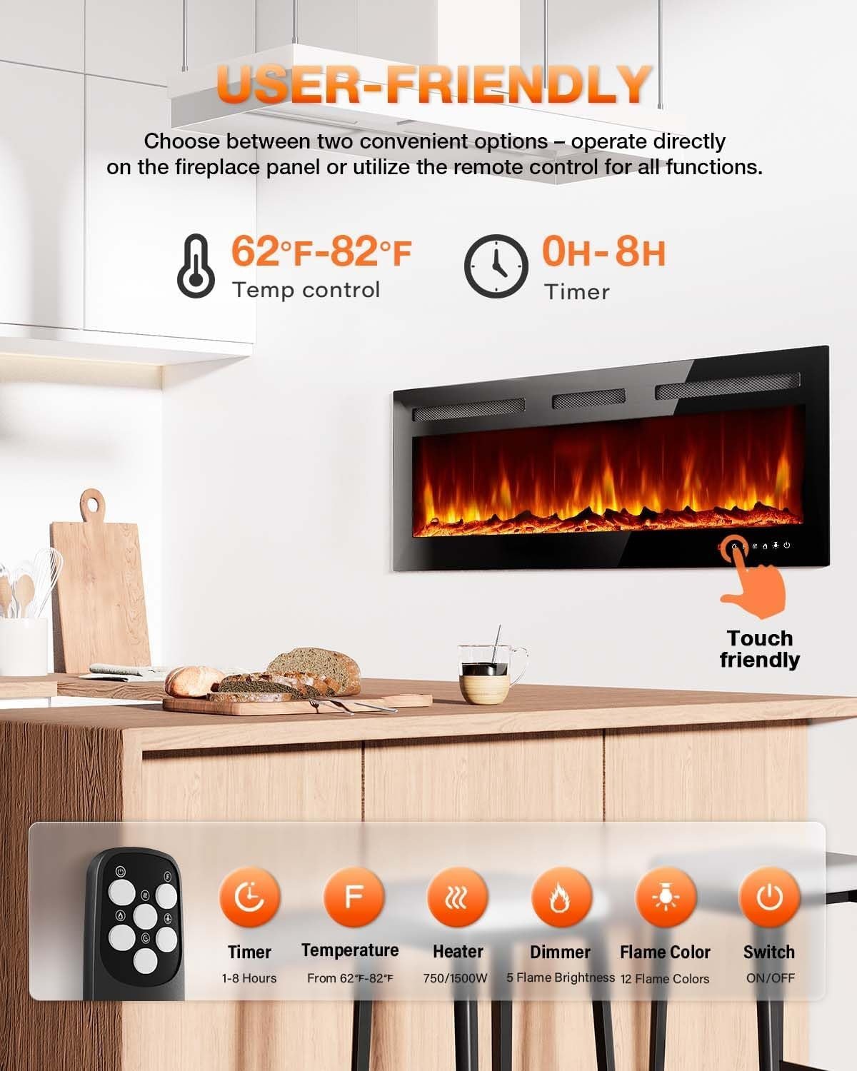 Electric Fireplace,Realistic Flame Electric Fireplace Heater,Log Set/Crystal Flames 750 - 1500W with Timer Inserts/Wall Mounted/TV Stand Touch Screen & Remote - QGeeM