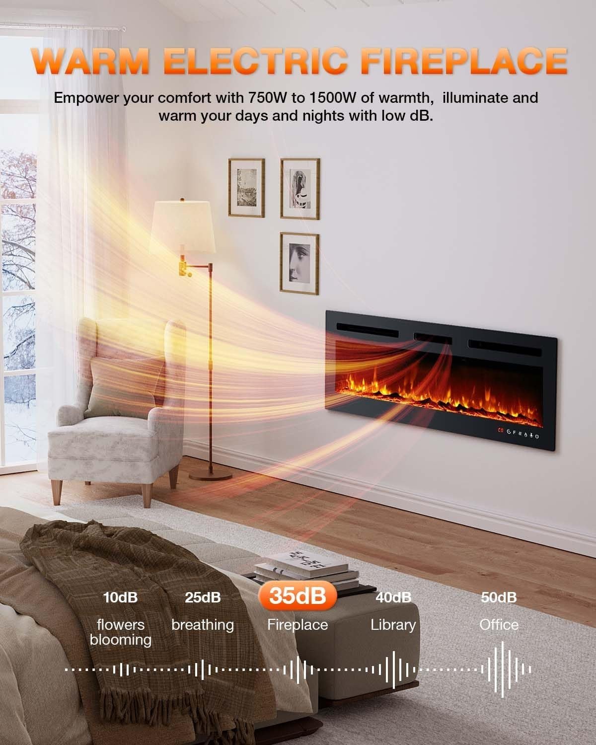 Electric Fireplace,Realistic Flame Electric Fireplace Heater,Log Set/Crystal Flames 750 - 1500W with Timer Inserts/Wall Mounted/TV Stand Touch Screen & Remote - QGeeM