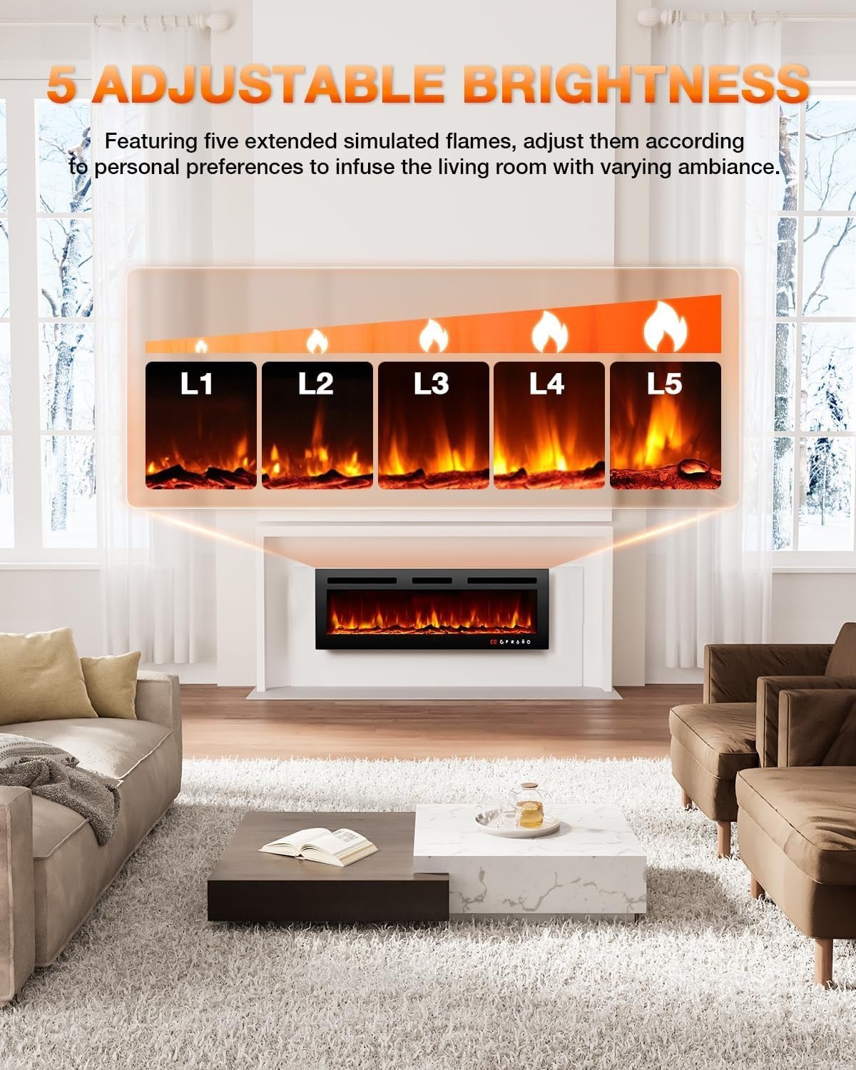 Electric Fireplace,Realistic Flame Electric Fireplace Heater,Log Set/Crystal Flames 750 - 1500W with Timer Inserts/Wall Mounted/TV Stand Touch Screen & Remote - QGeeM