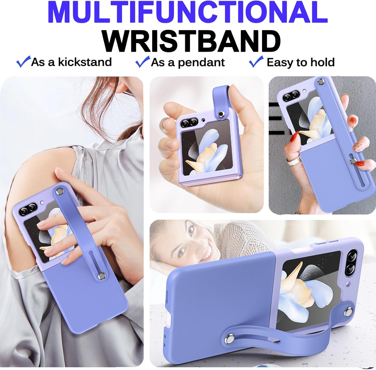 Fold Phone Case for Samsung Galaxy Z Flip 5, with Expansion Wristband + Kickstand Function, Free Folding Ultra - Thin Shell for Women Girl, Shockproof Protective Case - QGeeM