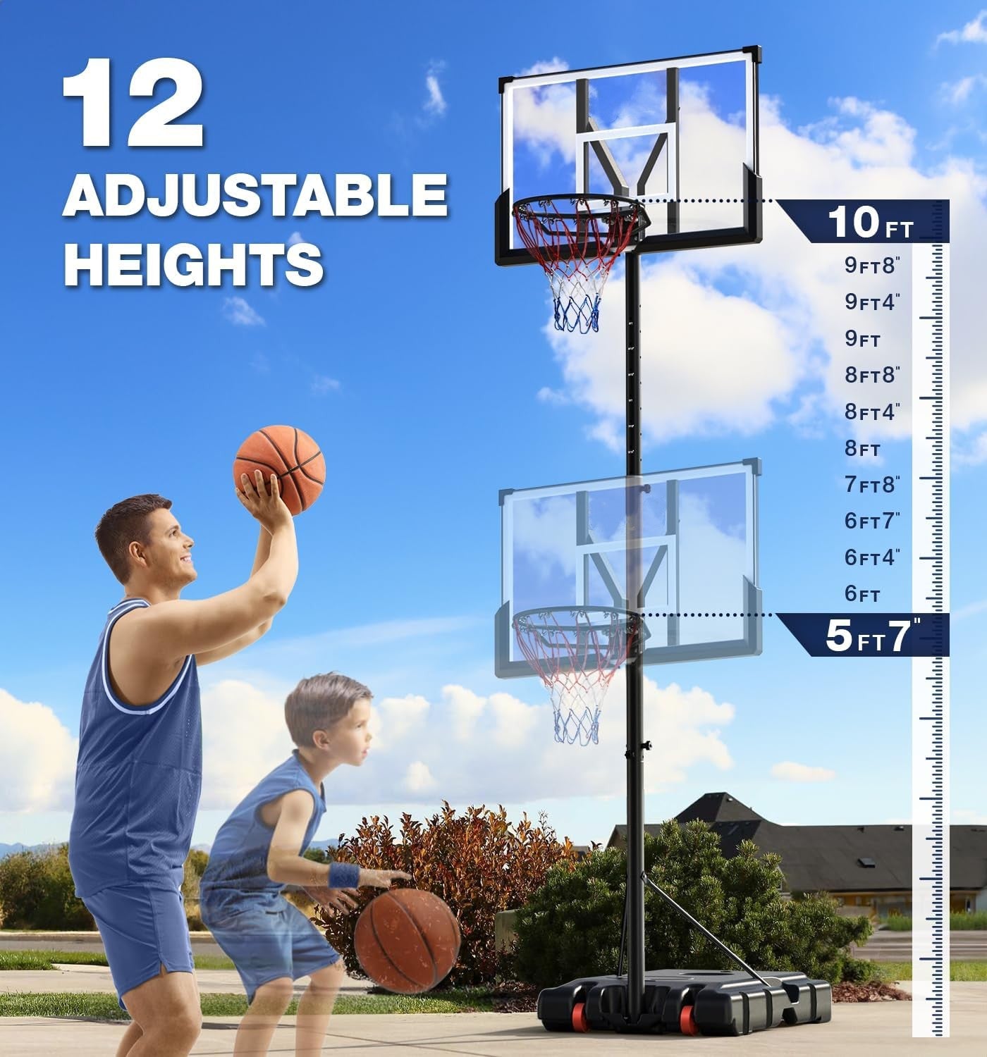 Portable Basketball Hoop System for Outdoor,Basketball Hoop, Adjustable Height 5.7 - 10ft 45in Backboard Basketball Goal for Kids,Teenagers and Adults - QGeeM