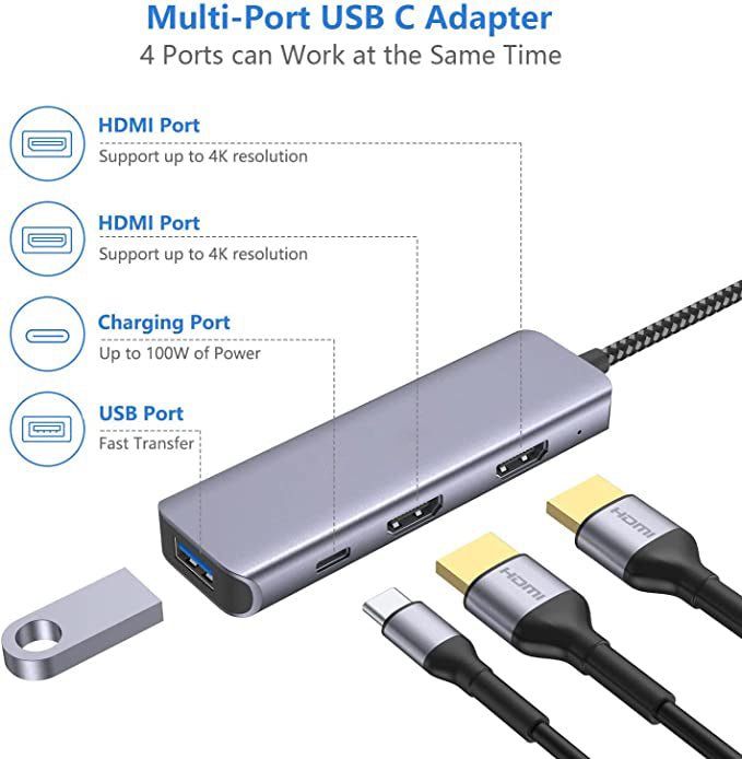 QGeeM 4 in 1 USB C to Dual HDMI Adapter 4K@30Hz with 100W PD Charging, USB - A Port, HDMI Adapter for Dual Monitors for MacBook Pro Air, HP, Dell, iPhone 15 Series - QGeeM