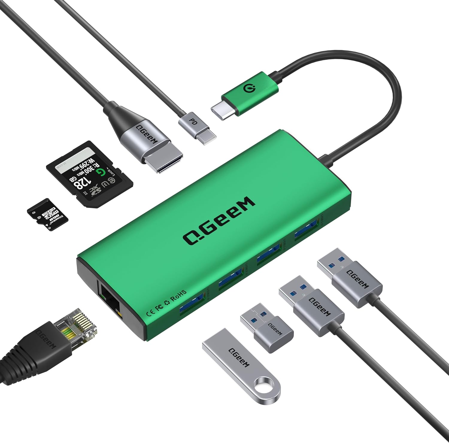 QGeeM USB C Hub Ethernet,9 in 1 Docking Stationwith 4K HDMI,1000Mbps LAN, 100W PD, USB 3.0/2.0, SD/TF Card Reader, USB C Dock Compatible with iPhone 15/Mac/Dell/HP/Surface - QGeeM