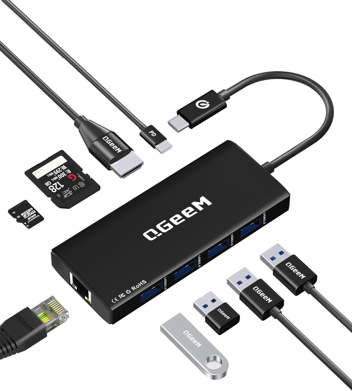 QGeeM USB C Hub Ethernet,9 in 1 Docking Stationwith 4K HDMI,1000Mbps LAN, 100W PD, USB 3.0/2.0, SD/TF Card Reader, USB C Dock Compatible with iPhone 15/Mac/Dell/HP/Surface - QGeeM