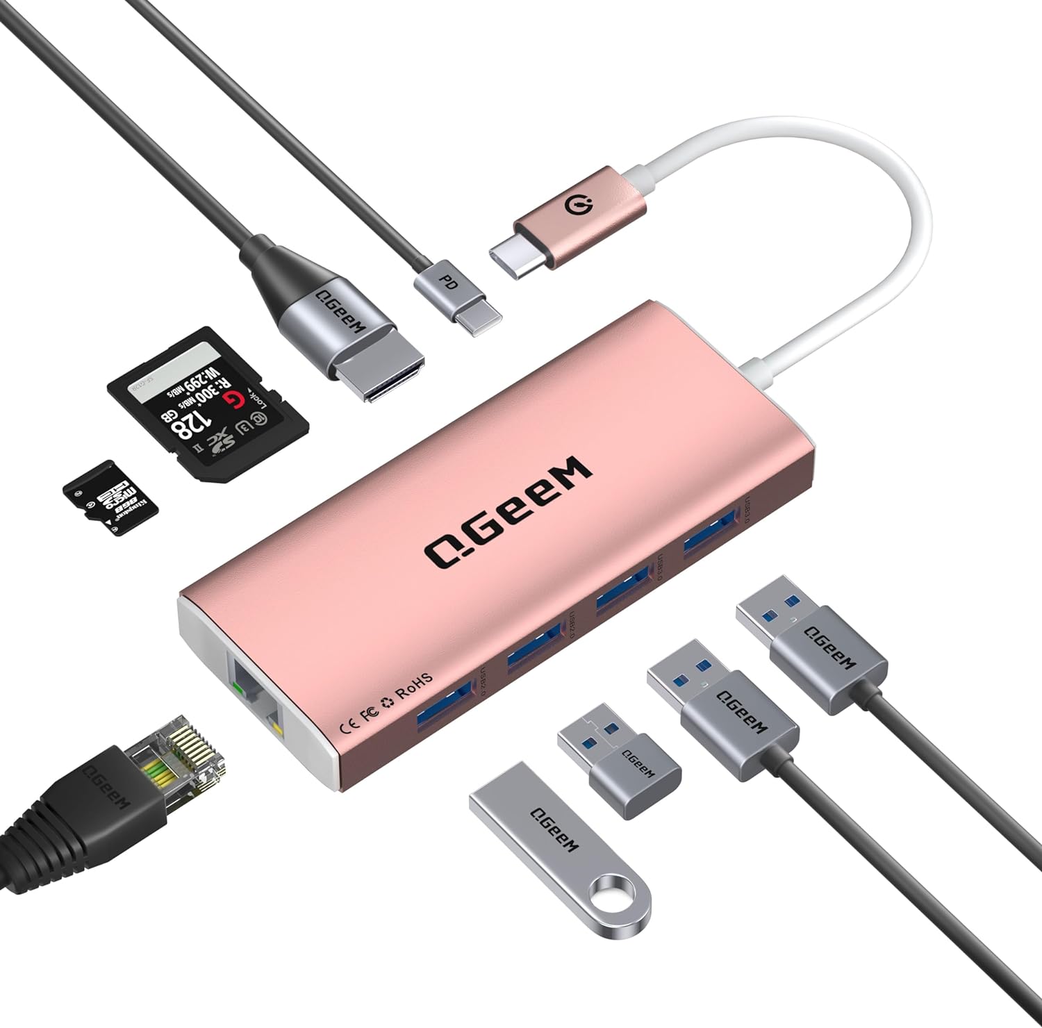 QGeeM USB C Hub Ethernet,9 in 1 Docking Stationwith 4K HDMI,1000Mbps LAN, 100W PD, USB 3.0/2.0, SD/TF Card Reader, USB C Dock Compatible with iPhone 15/Mac/Dell/HP/Surface - QGeeM