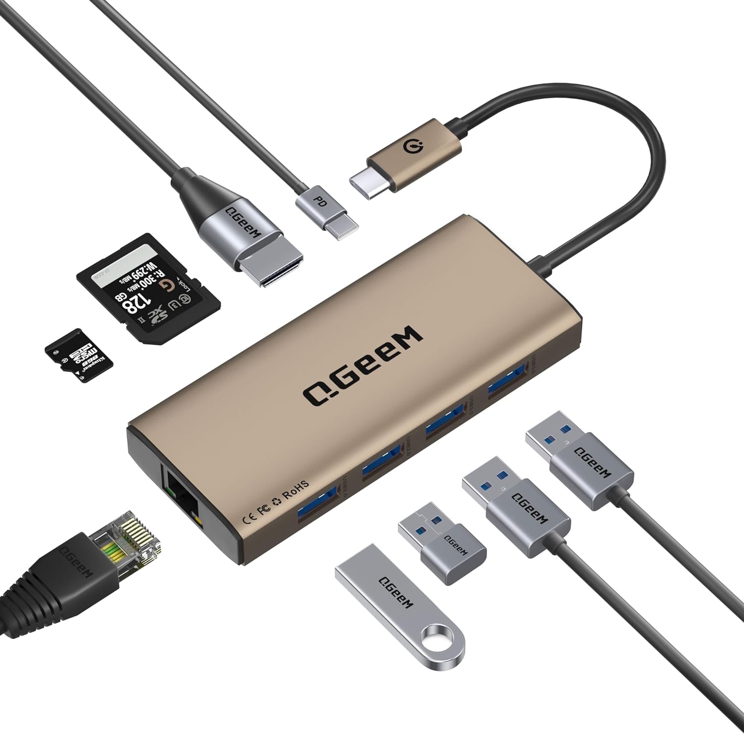 QGeeM USB C Hub Ethernet,9 in 1 Docking Stationwith 4K HDMI,1000Mbps LAN, 100W PD, USB 3.0/2.0, SD/TF Card Reader, USB C Dock Compatible with iPhone 15/Mac/Dell/HP/Surface - QGeeM