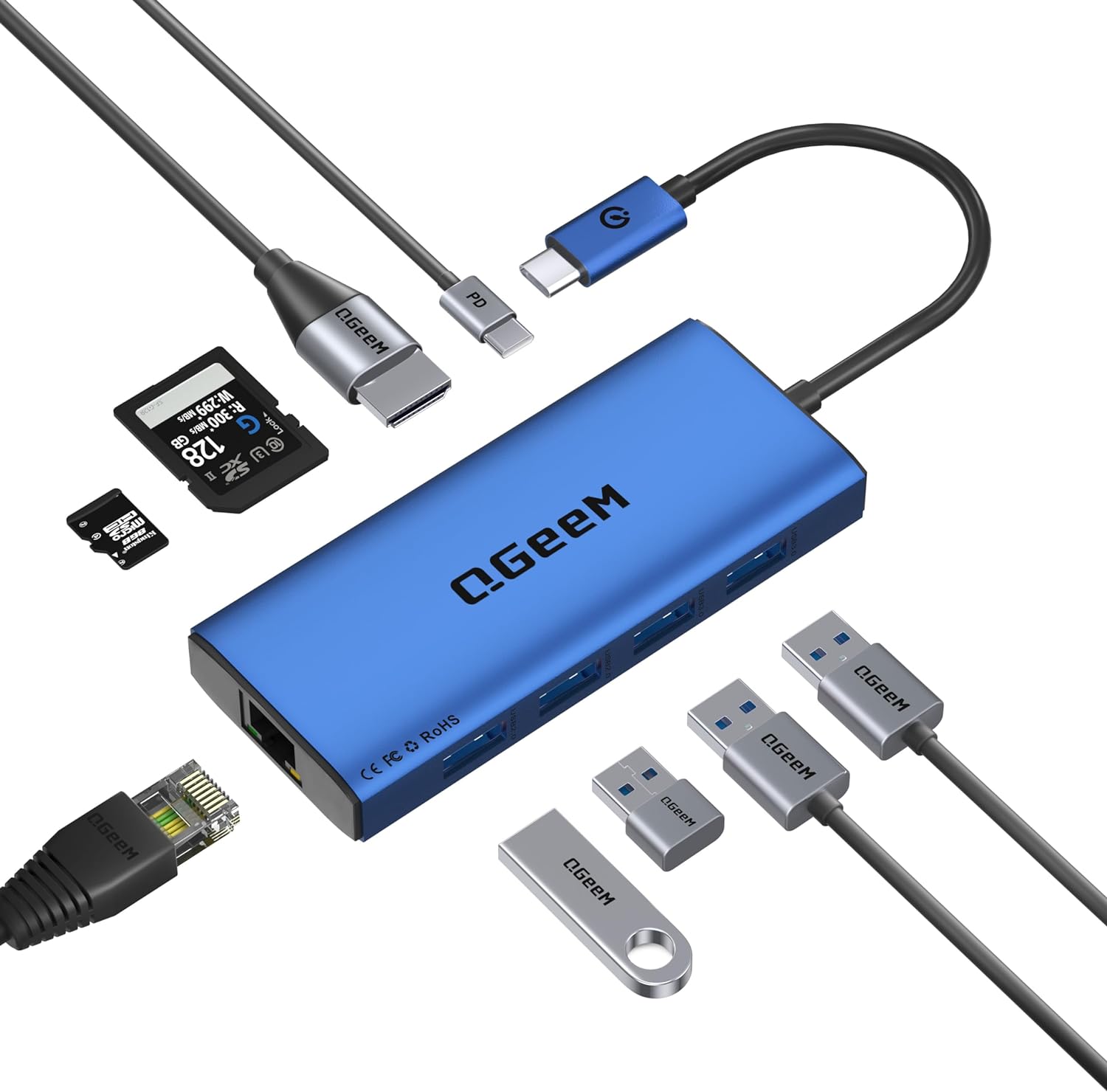 QGeeM USB C Hub Ethernet,9 in 1 Docking Stationwith 4K HDMI,1000Mbps LAN, 100W PD, USB 3.0/2.0, SD/TF Card Reader, USB C Dock Compatible with iPhone 15/Mac/Dell/HP/Surface - QGeeM