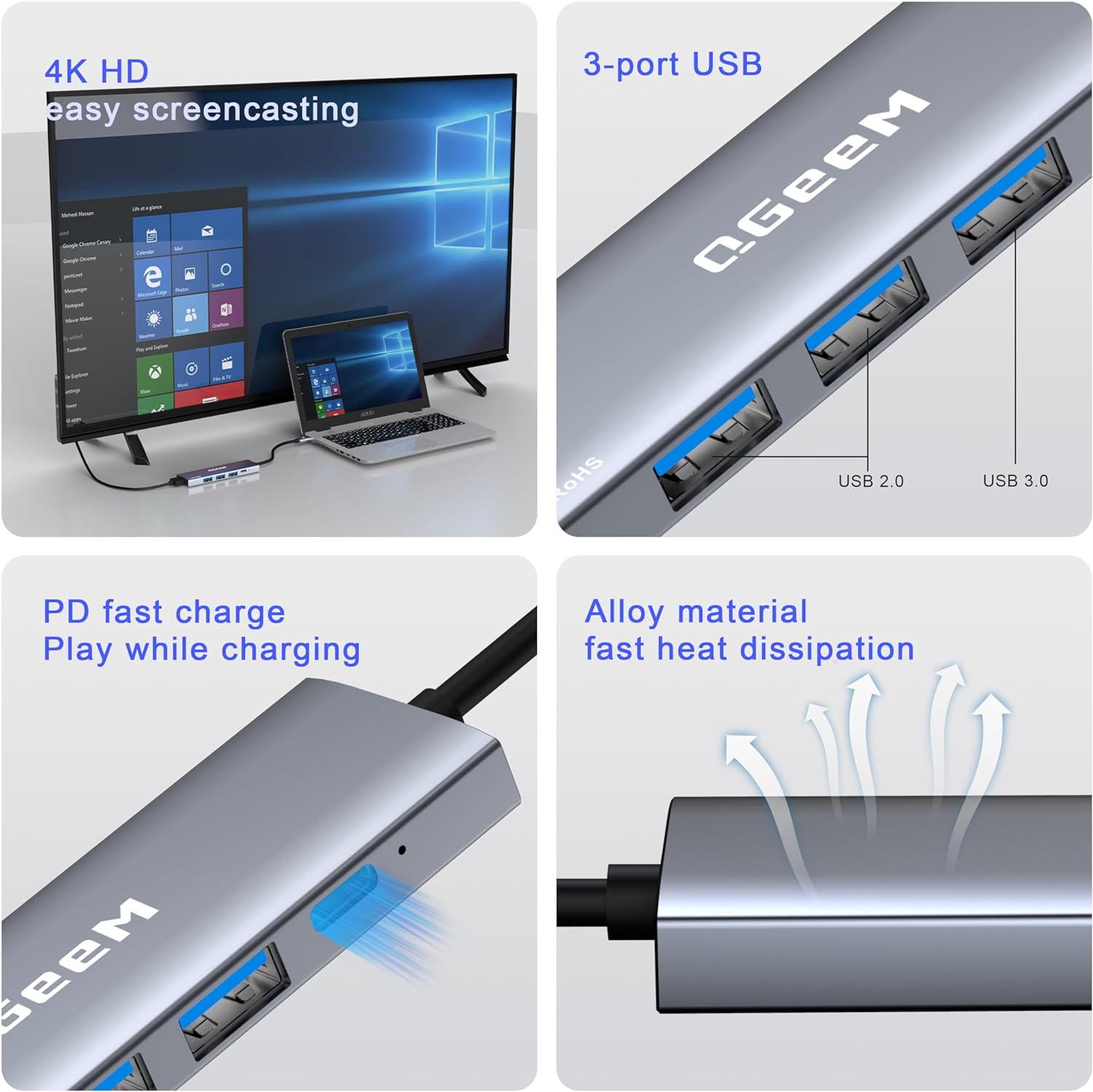 QGeeM 5 - in - 1 USB C HUB HDMI 4K@30HZ,100W fast charging,5Gbps high - speed data transfer USB - C HUB - QGeeM