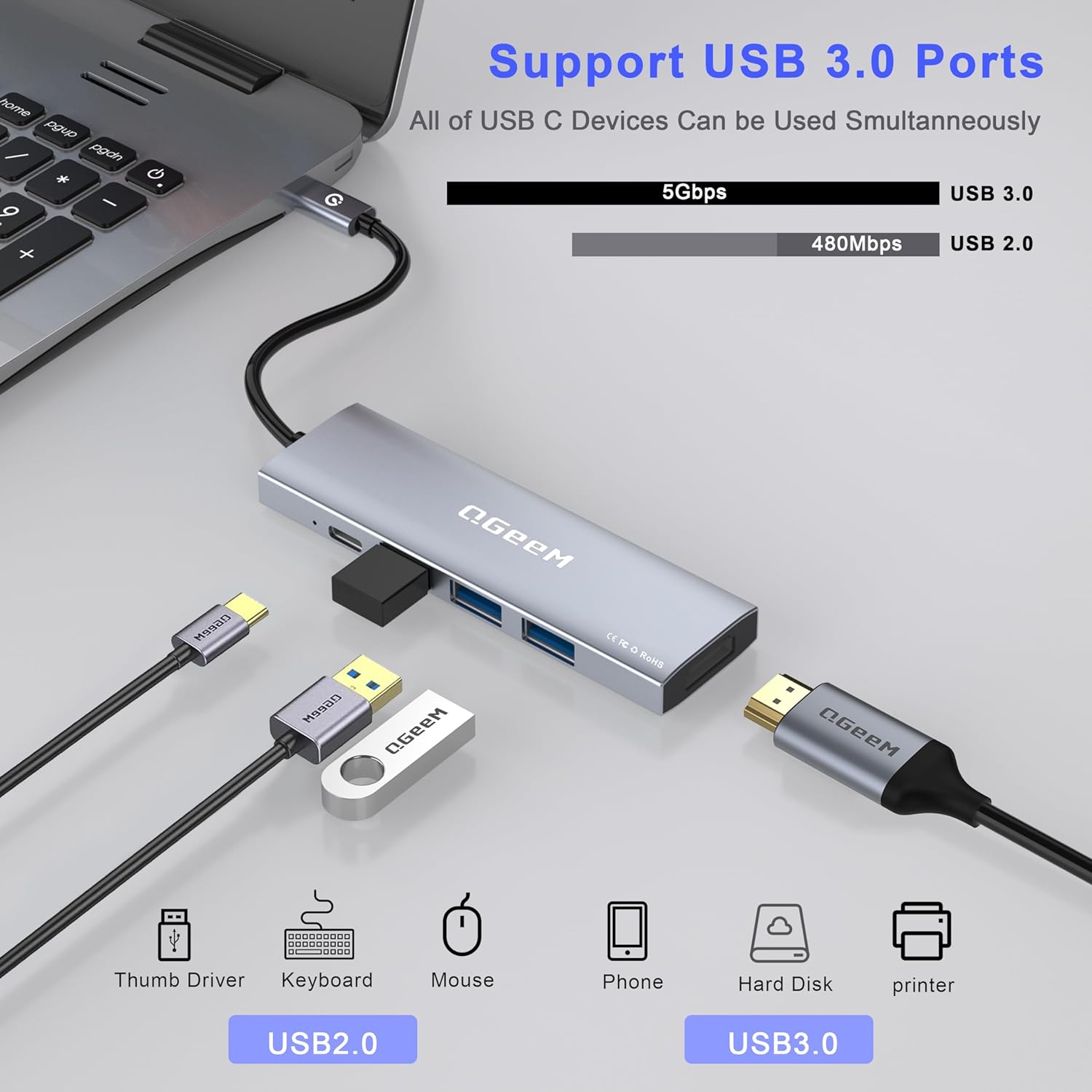 QGeeM 5 - in - 1 USB C HUB HDMI 4K@30HZ,100W fast charging,5Gbps high - speed data transfer USB - C HUB - QGeeM