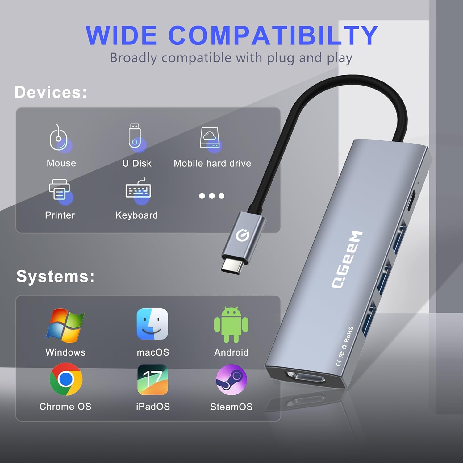 QGeeM 5 - in - 1 USB C HUB HDMI 4K@30HZ,100W fast charging,5Gbps high - speed data transfer USB - C HUB - QGeeM