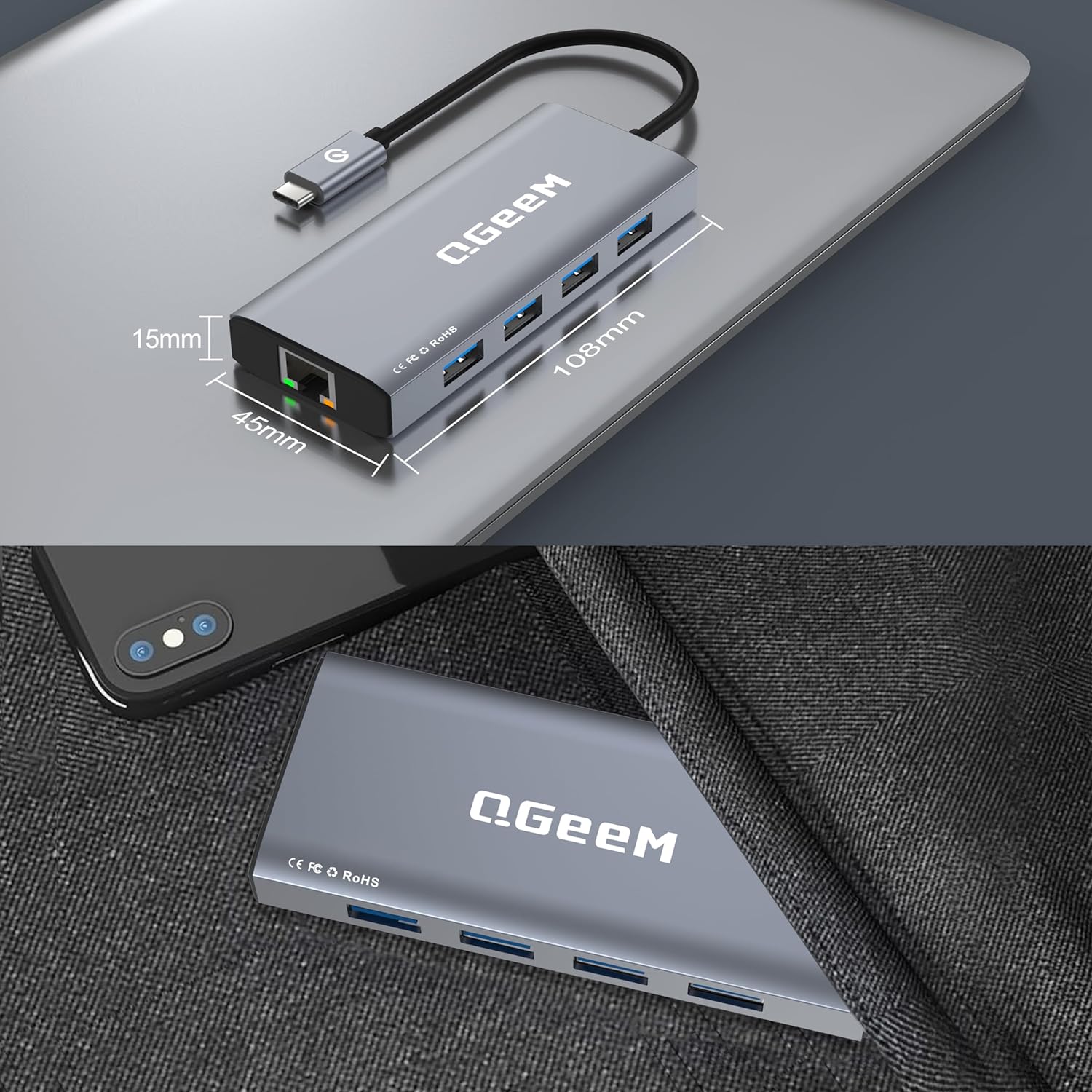 QGeeM USB C Hub Ethernet,9 in 1 Docking Stationwith 4K HDMI,1000Mbps LAN, 100W PD, USB 3.0/2.0, SD/TF Card Reader, USB C Dock Compatible with iPhone 15/Mac/Dell/HP/Surface - QGeeM