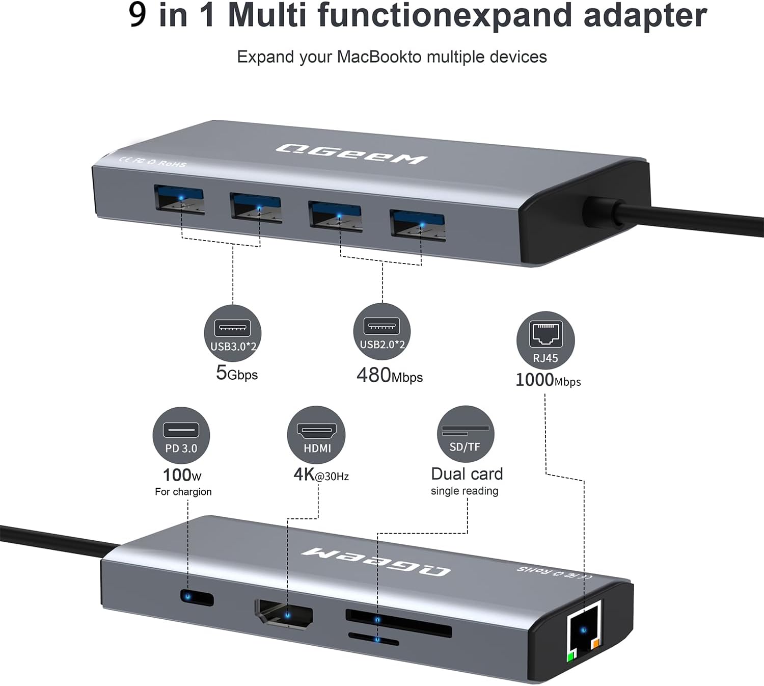 QGeeM USB C Hub Ethernet,9 in 1 Docking Stationwith 4K HDMI,1000Mbps LAN, 100W PD, USB 3.0/2.0, SD/TF Card Reader, USB C Dock Compatible with iPhone 15/Mac/Dell/HP/Surface - QGeeM