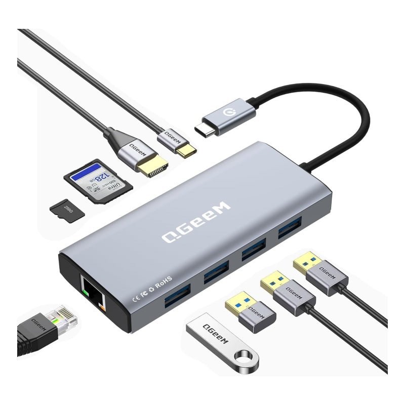 QGeeM USB C Hub Ethernet,9 in 1 Docking Stationwith 4K HDMI,1000Mbps LAN, 100W PD, USB 3.0/2.0, SD/TF Card Reader, USB C Dock Compatible with iPhone 15/Mac/Dell/HP/Surface - QGeeM