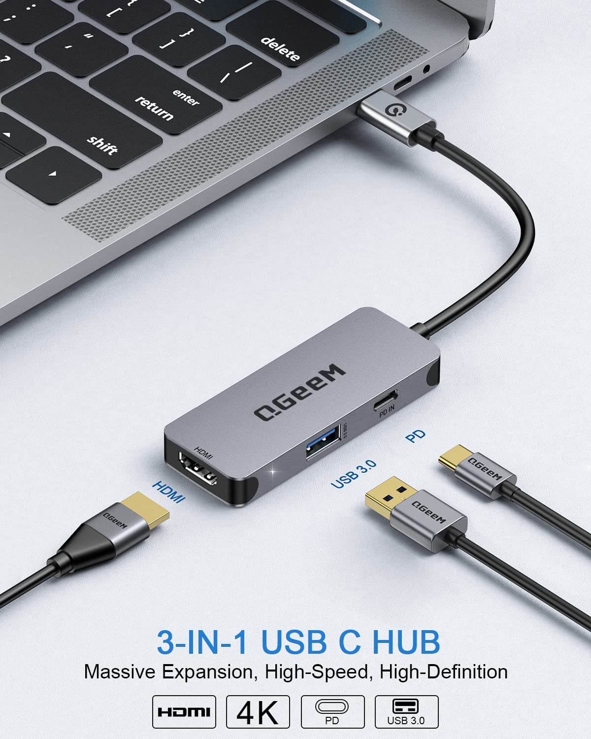 QGeeM USB C to HDMI Adapter 4K, 3 in 1 USB C Hub HDMI USB C Adapter, 100W Fast Charge, Compatible for MacBook Pro/Air/iPad Pro, Samsung Galaxy S10/S9, Surface 8 and More Type C Devices - QGeeM