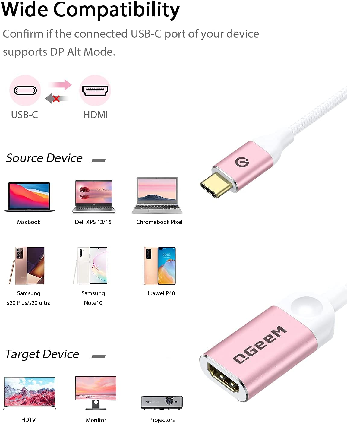 QGeeM-Câble USB C vers HDMI 4K Type C HDMI convertisseur Thunderbolt3 pour  MacPleHuawei Mate 30